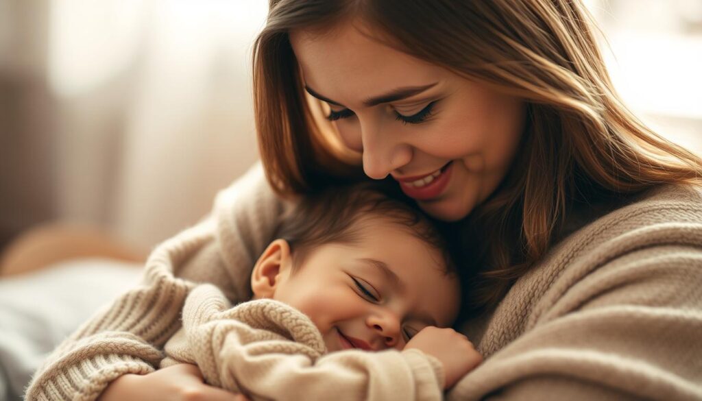 A warm, intimate scene of a mother and child, bathed in soft, natural lighting. The mother's face is filled with tender affection as she gazes lovingly at her child, who nestles contently in her embrace. Gentle textures of fabrics and skin tones create a tranquil, nurturing atmosphere. The composition places the pair as the focal point, with a blurred, dreamlike background suggesting a peaceful, private moment. Subtle use of depth of field and warm color tones evoke the profound emotional bond between mother and child.