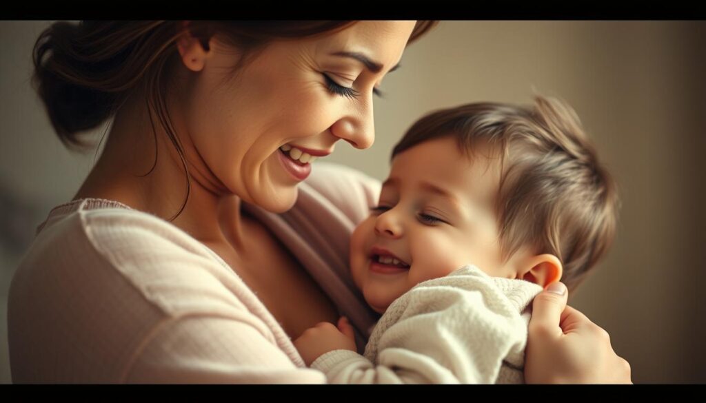 A warm, intimate scene of a mother and child embracing, their faces framed in a soft, ethereal light. The mother's expression is filled with tender affection as she gazes lovingly at her child, whose eyes are closed in a moment of peaceful contentment. The background is blurred, creating a sense of privacy and emotional intimacy. The composition emphasizes the connection between the two figures, highlighting the depth of their bond through the gentle interplay of their bodies and the subtle, expressive gestures. The overall mood is one of profound love, gratitude, and the profound emotional resonance of a mother's embrace.