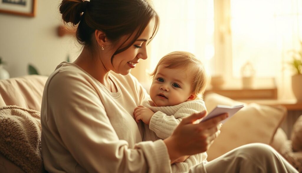 A warm, intimate scene of a mother and child, their faces reflecting a profound bond. The child nestled in the mother's embrace, eyes alight with wonder as she recites a heartfelt rhyme. Soft, golden light filters through a window, casting a gentle glow on their tender moment. The background is a cozy, inviting space, filled with the comforts of home - plush furnishings, family heirlooms, and a sense of timeless tranquility. Capturing the essence of maternal love, this image conveys the profound way that simple verses can eloquently express the depth of a mother's affection.