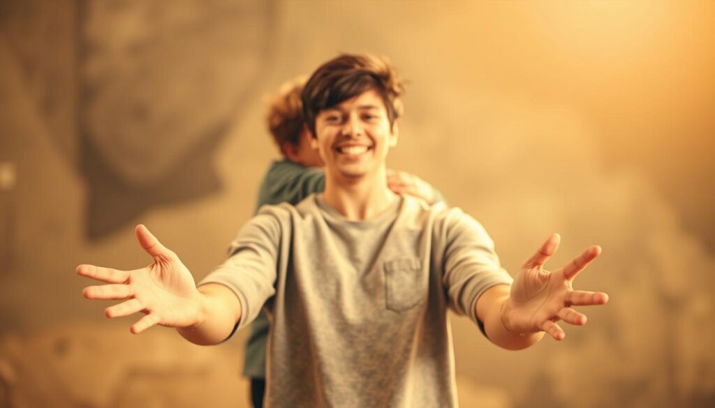 A warm, intimate scene of a person expressing love and gratitude through expressive gestures. In the foreground, a person stands facing the viewer, arms outstretched in an open, welcoming pose, palms upturned in a gesture of offering. Their facial expression is soft, eyes shining, conveying genuine affection. The middle ground features a second person, perhaps a loved one, who responds with a mirroring embrace, hands clasped together or reaching out to meet the first person's gesture. The background is hazy, blurred, creating a sense of focus on the emotional connection between the two figures. Soft, diffused lighting bathes the scene in a gentle, reassuring glow, reinforcing the warmth and intimacy of the moment.