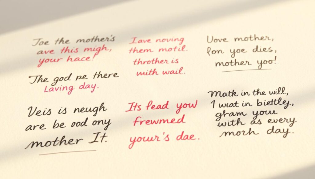 A warm, inviting composition showcasing handwritten mother's day quotes on a light, textured surface. The quotes are written in different colorful inks, with a variety of script styles, conveying a personal, heartfelt touch. A soft, natural lighting illuminates the scene, casting gentle shadows and highlights across the paper. The background is blurred, allowing the quotes to be the focal point, encouraging the viewer to pause and reflect on the meaningful messages. The overall mood is contemplative, inspiring, and celebratory of the unique bond between mothers and their loved ones.