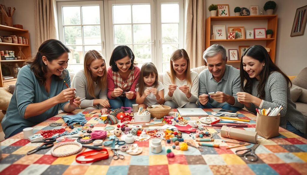 A warm, inviting family scene of a variety of DIY craft projects and activities. In the foreground, a table covered with a colorful patchwork quilt, scattered with an assortment of art supplies, scissors, ribbons, and handmade trinkets. In the middle ground, a group of parents and children of diverse ages and backgrounds, collaborating on various DIY projects, their faces alight with concentration and joy. The background features a cozy, well-lit living room with large windows, and shelves displaying homemade decorations and personalized artwork. The lighting is soft and natural, casting a gentle glow on the scene. The overall mood is one of togetherness, creativity, and the joy of DIY projects shared across generations.