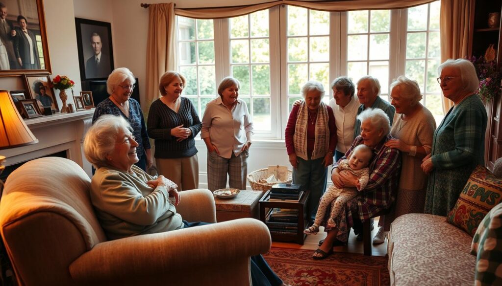 A warm, inviting family scene of grandmothers gathered around a cozy living room. In the foreground, an elderly woman sits in a plush armchair, beaming as she embraces her grandchild. Nearby, several other grandmothers converse animatedly, their faces lit by the soft glow of a fireplace. The middle ground features photographs and heirlooms, capturing the history and traditions passed down through generations. In the background, large windows provide a glimpse of a sun-dappled garden, conveying a sense of tranquility and timelessness. The overall atmosphere is one of unconditional love, comfort, and the cherished role of grandmothers within the family.