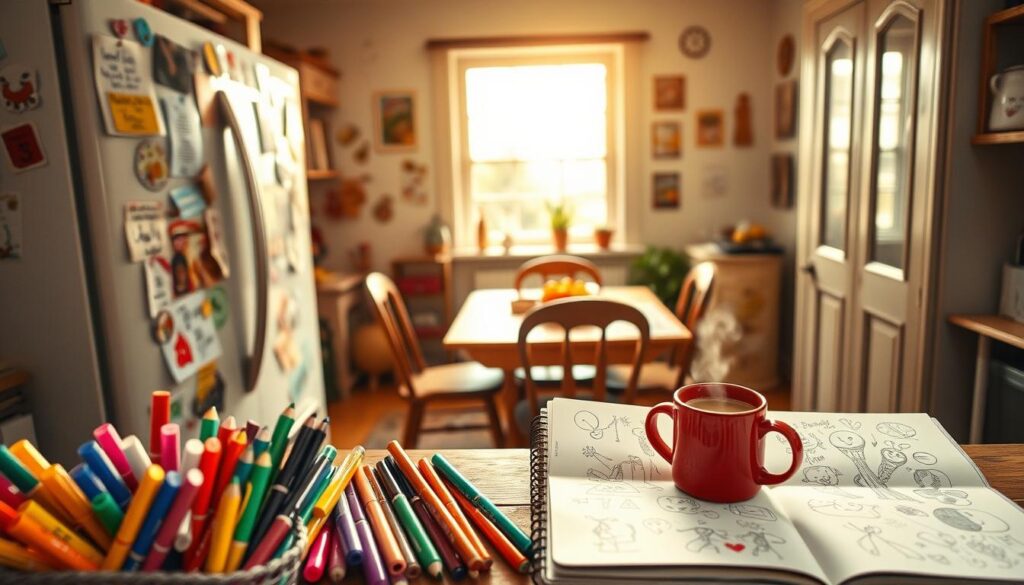A warm, inviting kitchen setting with various handwritten notes, stickers, and doodles adorning the refrigerator door and surrounding walls. In the foreground, a colorful array of pens, markers, and an open sketchbook filled with whimsical illustrations. The middle ground features a cozy breakfast nook with a rustic wooden table, mismatched chairs, and a large mug of steaming coffee or tea. In the background, a window floods the space with natural light, casting a soft, golden glow. The overall atmosphere exudes a sense of creativity, personal expression, and a celebration of the simple joys of everyday life.