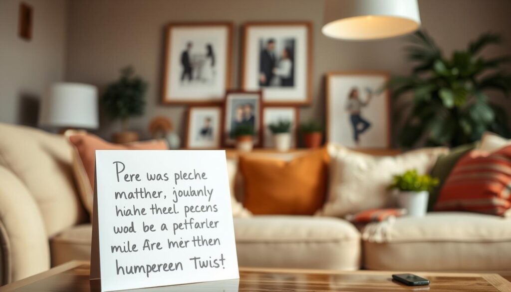 A warm, inviting living room setting with plush, comfortable furniture and cozy lighting. In the foreground, a handwritten sign or placard with an emotional, heartfelt message conveying a twist of humor, perhaps playing on common motherly phrases or sentiments. The middle ground features thoughtful decorative elements like framed family photos, potted plants, and soft textiles, creating a nurturing, homely atmosphere. The background is blurred, lending focus to the central message and its visual presentation. The overall tone is one of tenderness and lightheartedness, capturing the essence of the "Emotionale Sprüche mit einem humorvollen Twist" section.