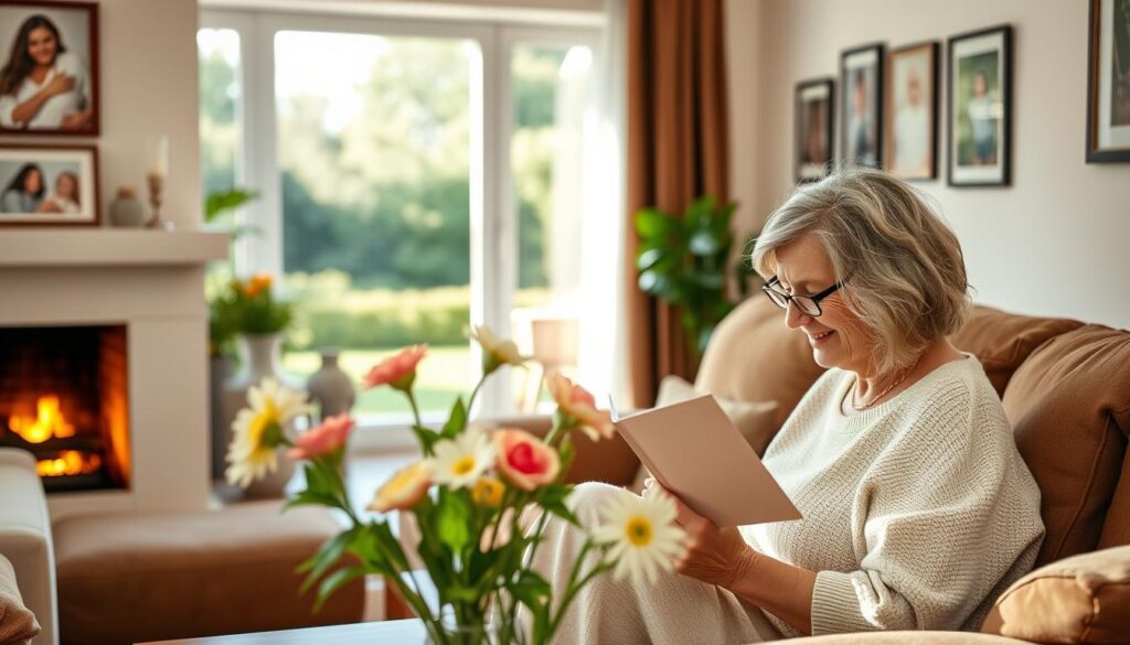 A warm, inviting living room with a cozy fireplace, soft lighting, and plush furniture. In the foreground, a mother sitting comfortably on a sofa, reading a heartfelt card and smiling contentedly. Behind her, framed photographs of family members adorn the walls, conveying a sense of cherished memories. The middle ground features a vase of freshly cut flowers, symbolizing the love and appreciation expressed through Muttertagsgrüße (Mother's Day greetings). The background showcases a window overlooking a tranquil, sun-dappled garden, creating a serene, picturesque setting. The overall mood is one of gratitude, affection, and the significance of honoring mothers on this special day.