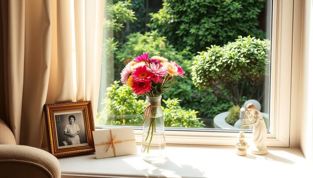 A warm, inviting living room with a cozy window seat overlooking a lush, verdant garden. On the window sill, an assortment of thoughtfully arranged personal gifts - a handcrafted vase filled with freshly picked flowers, a framed family photograph, a handwritten card, and a delicate porcelain figurine. Soft, natural lighting filters through the sheer curtains, casting a gentle glow on the scene. The room exudes a sense of comfort and care, as if lovingly curated for a special occasion like Mother's Day.