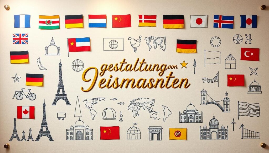 A warm, inviting message board display with a collage of international flags, colorful cursive text, and hand-drawn icons. The center features an ornate, calligraphic "Gestaltung von Botschaften" in gold and pastel hues. Surrounding it are sketches of global symbols like the Eiffel Tower, Taj Mahal, and Great Wall, arranged in a harmonious layout. The background has a soft, muted texture with gentle lighting casting a natural, artistic glow. The overall mood is one of cultural celebration and thoughtful, skillful message design.
