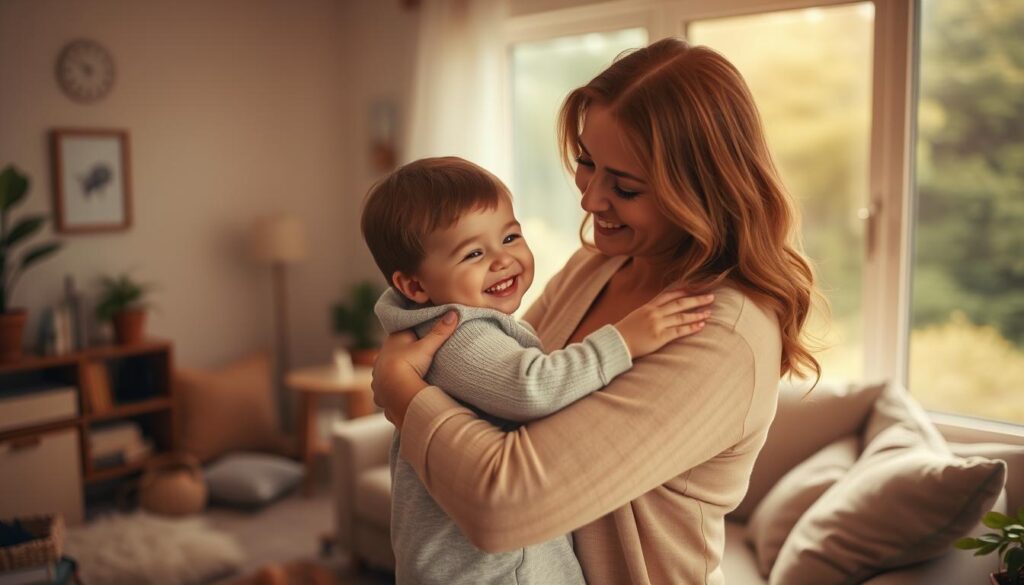 A warm, inviting scene depicting the many facets of motherly love. A mother tenderly embracing her child, their faces radiating joy and profound connection. In the foreground, a soft, diffused light bathes the pair, creating an intimate, almost ethereal atmosphere. The middle ground features a cozy, domestic setting - a lived-in living room with plush furnishings, suggesting a safe, nurturing haven. In the background, a blurred view of a lush, verdant landscape hints at the expansive, unconditional nature of a mother's love. The overall mood is one of profound, enduring affection, comfort, and deep, unbreakable bonds between parent and child.