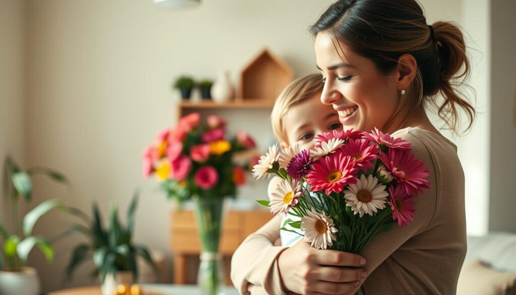A warm, inviting scene depicting the significance of Mother's Day. In the foreground, a mother and child embrace, their expressions radiating love and appreciation. The mother's face is illuminated by soft, natural light, conveying a sense of comfort and tenderness. In the middle ground, a beautifully arranged bouquet of vibrant flowers symbolizes the cherished bond between mother and child. The background features a cozy, domestic setting, perhaps a living room or dining area, with touches of greenery and warm, muted tones that create an atmosphere of domestic bliss. The overall mood is one of gratitude, celebration, and the profound importance of the maternal relationship.