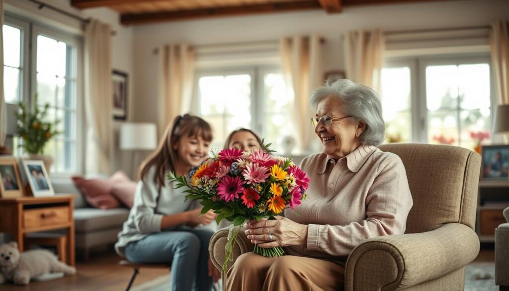 A warm, inviting scene of a loving family celebrating Mother's Day. In the foreground, a grandmother sits on a plush armchair, beaming with joy as her grandchildren present her with a bouquet of vibrant flowers. The middle ground features a cozy living room setting, with soft lighting filtering through large windows, casting a gentle glow. In the background, subtle details like family photos and personal mementos create a sense of cherished memories. The atmosphere is one of heartfelt appreciation, conveying the deep significance of the Muttertag (Mother's Day) celebration.