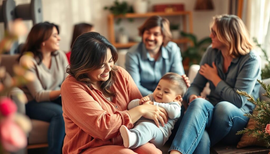 A warm, inviting scene of a mother surrounded by her family, showcasing the nurturing and supportive role of mothers in society. In the foreground, a woman sits on a bench, tenderly embracing her young child, their expressions radiating love and contentment. In the middle ground, other family members gather around, engaging in lively conversation and sharing moments of togetherness. The background is softly blurred, with a cozy, domestic setting, perhaps a living room or a garden, suggesting the comfort and security that mothers provide. Gentle natural lighting illuminates the scene, casting a serene, uplifting atmosphere. The overall composition highlights the central importance of mothers in fostering strong, close-knit families and communities.