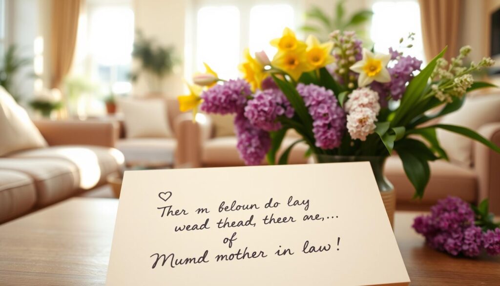 A warm, inviting scene of a mother's day message for a beloved mother-in-law. In the foreground, an elegant hand-written note on soft beige paper, the words conveying heartfelt gratitude and appreciation. Behind it, a bouquet of vibrant spring flowers - tulips, daffodils, and lilacs - arranged in a simple vase, casting a gentle glow. In the middle ground, a cozy living room setting with plush furniture and lush houseplants, reflecting a nurturing, family-oriented atmosphere. In the background, sunlight streams through large windows, creating a serene, luminous ambiance. The overall mood is one of affection, sincerity, and the honoring of familial bonds.