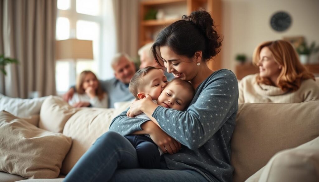 A warm, inviting scene showcasing the nurturing role of a mother within the family. In the foreground, a mother sits comfortably on a couch, tenderly embracing her young child, their faces radiating love and contentment. The middle ground features other family members, perhaps an older sibling or grandparent, gathered around, creating a sense of togetherness and support. The background depicts a cozy, well-lit living room, with soft lighting and neutral tones that evoke a sense of tranquility and security. The overall composition conveys the profound importance of a mother's presence and the integral role she plays in shaping the dynamics and well-being of the family unit.