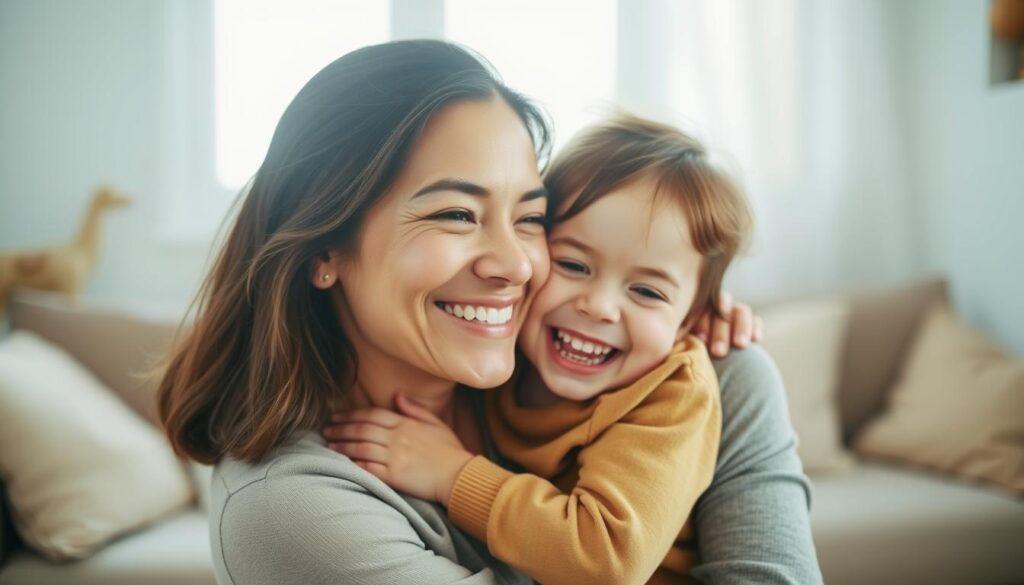 A warm, joyful mother embracing her young child, their faces lit by soft natural lighting. In the background, a cozy, inviting home setting, with muted colors and gentle textures that convey a sense of comfort and security. The mother's expression is one of playful engagement, her eyes crinkled in a warm smile, as she nuzzles her child, who is giggling with delight. The scene radiates a palpable feeling of affection, understanding, and the soothing power of humor in the daily realities of motherhood.