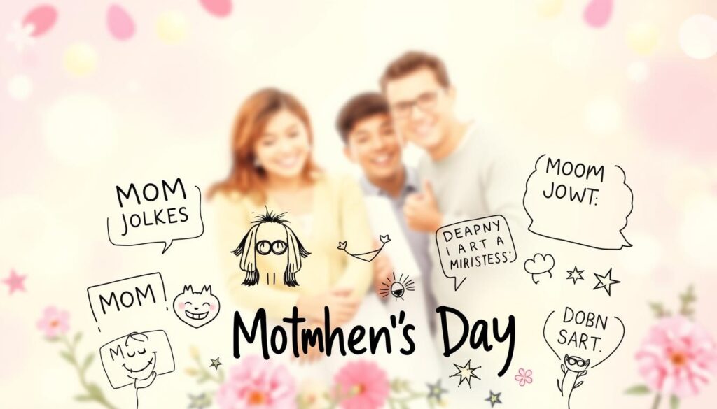 A warm, lighthearted illustration showcasing a collection of classic "mom joke" memes against a festive, pastel-colored backdrop evocative of a Mothers' Day celebration. The foreground features a variety of hand-drawn, whimsical mom joke illustrations in a collage-like arrangement, each with a playful, humorous tone. The middle ground depicts a softly blurred, cheerful family scene, evoking a sense of togetherness and appreciation. The background is a vibrant gradient, creating a festive and celebratory atmosphere. The overall composition conveys a spirit of lighthearted fun and familial love suitable for a Mothers' Day article.