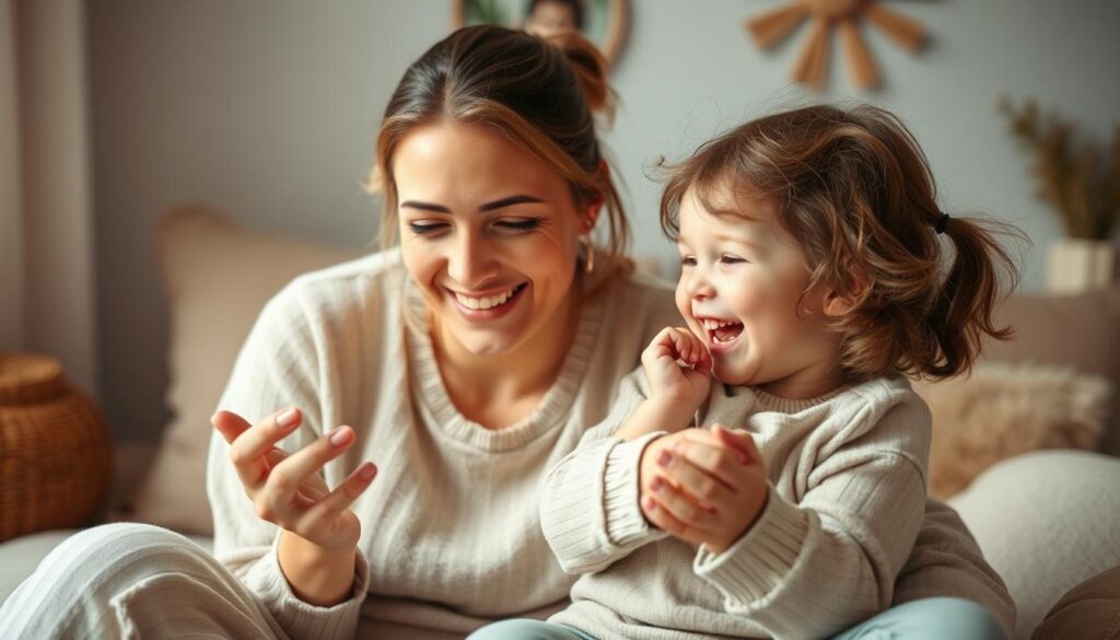 A warm, lighthearted mother and child sharing a joyful, playful moment together, surrounded by a cozy, inviting domestic setting. The mother's expression is filled with affection and amusement as she engages her child with a silly, whimsical gesture or playful banter, illustrating the importance of humor and lightheartedness in the nurturing bond of motherhood. Soft, diffused lighting casts a gentle, comforting glow, creating an atmosphere of familial intimacy and emotional connection. Subtle, natural details in the background, such as plush furnishings and homey decor, further enhance the sense of domestic comfort and parental care.