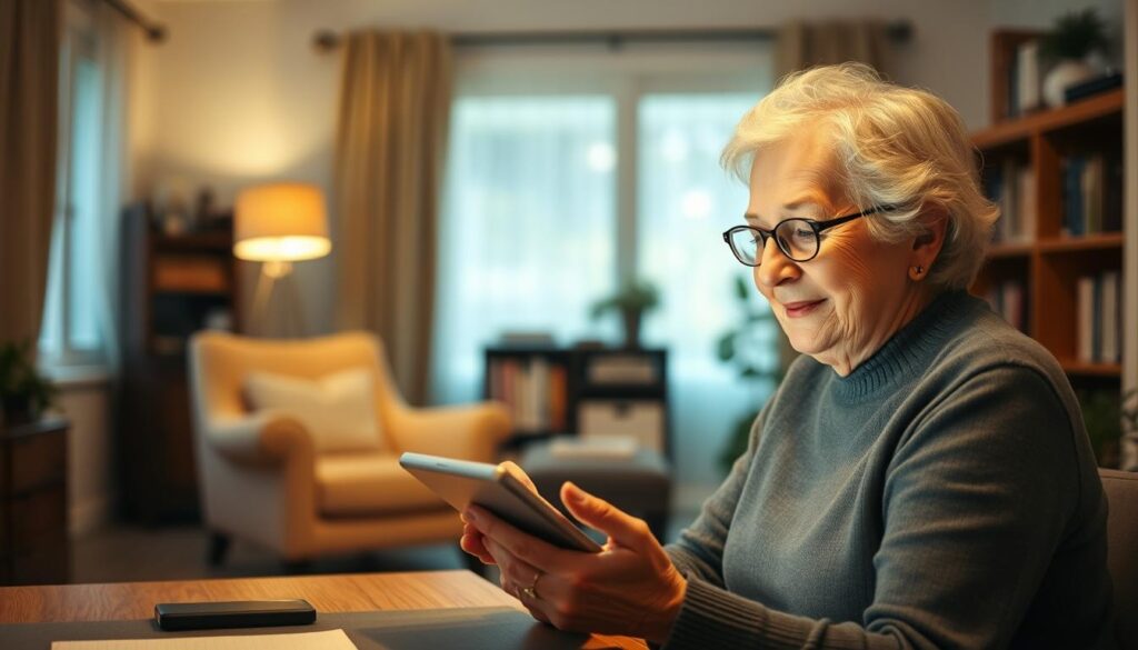 A warm-lit interior scene, with an elderly woman sitting at a desk, intently focused on a tablet in her hands. Her face is illuminated by the soft glow of the screen, a gentle smile upon her lips as she types or scrolls. In the middle ground, a cozy armchair and bookshelves create a sense of a lived-in, comfortable space. The background is softly blurred, hinting at the modern furnishings and technology that surround her, capturing the juxtaposition of the traditional and the contemporary. The overall mood is one of quiet connection, a bridging of generations through the use of social media.