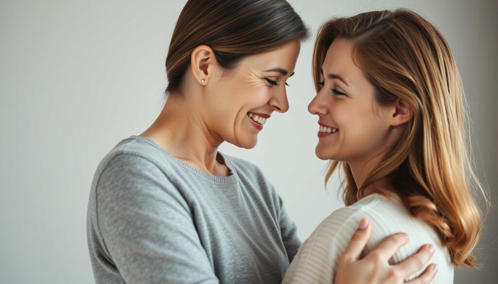 A warm mother and daughter standing together, their faces alight with affection as they gaze into each other's eyes. The daughter, a young woman, leans into her mother's embrace, her expression one of pure adoration. Soft, diffused lighting casts a gentle glow, highlighting the tender bond between them. The background is a serene, blurred setting, allowing the focus to remain solely on their heartfelt connection. This intimate, emotionally-charged scene captures the essence of a loving mother-daughter relationship.