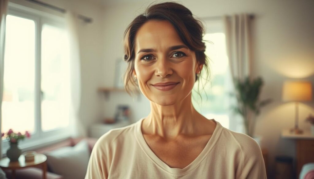 A warm, motherly figure stands in the foreground, her gentle gaze radiating a profound sense of love and nurturing. Soft lighting filters through a window, casting a serene glow upon her face. The middle ground features a cozy, inviting living space, with touches of personal decor that convey a sense of comfort and belonging. In the background, a tranquil outdoor scene, perhaps a lush garden or a peaceful landscape, symbolizes the tranquility and serenity that a mother's presence can bring to a child's life. The overall atmosphere evokes a deep appreciation for the irreplaceable role a mother plays in shaping the lives of her children.