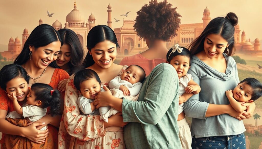A warm, multicultural scene depicting the deep bond between mothers and children across the globe. In the foreground, a diverse array of women tenderly embrace their little ones, their faces radiating love and nurturing. The middle ground features families from various cultural backgrounds - an indigenous mother and child, an Asian mother cradling her baby, a European mother holding her toddler's hand. In the background, a rich tapestry of diverse architectural styles and natural landscapes, representing the universal human experience of motherhood. Soft, diffused lighting casts a gentle, intimate glow, evoking a sense of timeless, cross-cultural connection. Tender, emotive, and inclusive, this image celebrates the unifying power of the mother-child relationship.