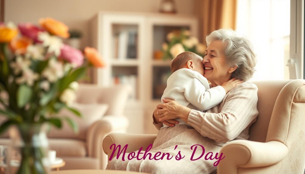 A warm, nostalgic scene depicting the significance of Mother's Day. In the foreground, a cozy living room with a plush armchair and a vase of freshly picked flowers. The middle ground features a grandmother, elegantly dressed, tenderly embracing her grandchild, their faces beaming with joy and affection. The background is softly blurred, creating a sense of timelessness, hinting at the enduring bond between generations. Gentle natural lighting filters through the window, casting a golden glow over the intimate moment. The overall atmosphere is one of cherished tradition, family, and the deep, abiding love that defines the mother-child relationship.