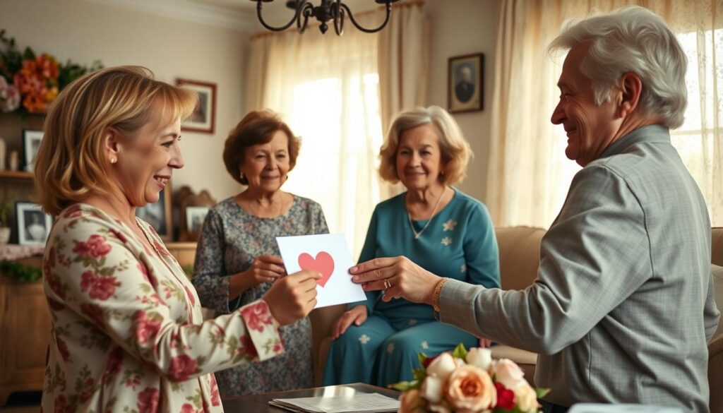 A warm, nostalgic scene of a family celebrating Mother's Day through the generations. In the foreground, a young child presents a handmade card to a smiling mother, while grandparents look on in the middleground, their faces filled with pride. The background depicts a cozy living room, adorned with classic floral decor and family photographs, bathed in the soft glow of afternoon sunlight filtering through lace curtains. The atmosphere is one of cherished traditions, familial love, and timeless moments of honoring the maternal bond.