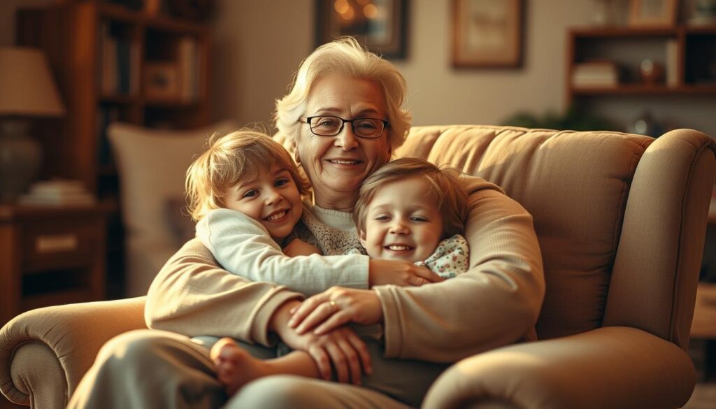 A warm, nostalgic scene of a grandmother and her grandchildren, captured in soft, golden light. In the cozy foreground, the grandmother sits in a plush armchair, her arms tenderly embracing the two young grandchildren cuddled close to her. Their faces radiate joy and a profound sense of security. The background is blurred, creating a dreamlike, timeless atmosphere, with hints of a comfortable, lived-in living room. The gentle, affectionate expression on the grandmother's face and the children's trusting, adoring gazes convey the depth of their special bond. Soft, muted colors and a slight vintage aesthetic evoke a timeless, cherished moment between generations.