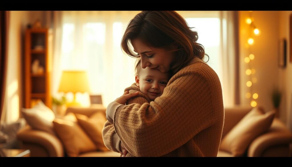 A warm, nostalgic scene of a mother and child sharing a tender moment. In the foreground, the mother and child embrace, their faces filled with love and affection. The mother's gentle expression and the child's contented smile convey a sense of deep connection. The middle ground features a cozy, inviting living room setting, with soft lighting casting a golden glow. Plush furnishings and personal mementos suggest a cherished family home. In the background, hazy, dreamlike elements evoke the timeless, cherished nature of their memories together. The overall atmosphere is one of comfort, intimacy, and the enduring bond between a mother and child.