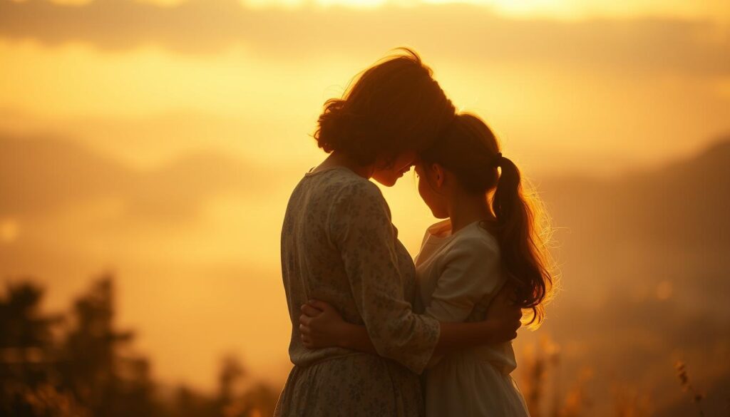 A warm, nostalgic scene of a mother and daughter sharing a tender embrace, surrounded by the soft glow of memories. In the foreground, their connected silhouettes are illuminated by the gentle light, conveying a sense of intimacy and profound understanding. In the middle ground, hazy recollections of shared moments unfold, a collage of cherished experiences that have woven their bond over time. The background is a dreamlike, ethereal landscape, evoking the timeless nature of their cherished relationship and the enduring power of shared memories to transcend the present. The overall mood is one of gratitude, reverence, and the deep appreciation of a mother's unwavering love.
