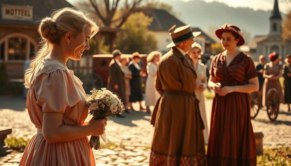 A warm, nostalgic scene of the early history of Mother's Day. In the foreground, a young girl in a vintage dress presents a bouquet of flowers to her mother, their faces lit by soft, golden sunlight. In the middle ground, a gathering of women in period-appropriate attire chatting and celebrating. The background features a rustic, early 20th-century setting with a quaint town square, horse-drawn carriages, and a church steeple in the distance. The overall atmosphere evokes a sense of tradition, family, and reverence for motherhood, captured through a romantic, cinematic lens with a shallow depth of field.