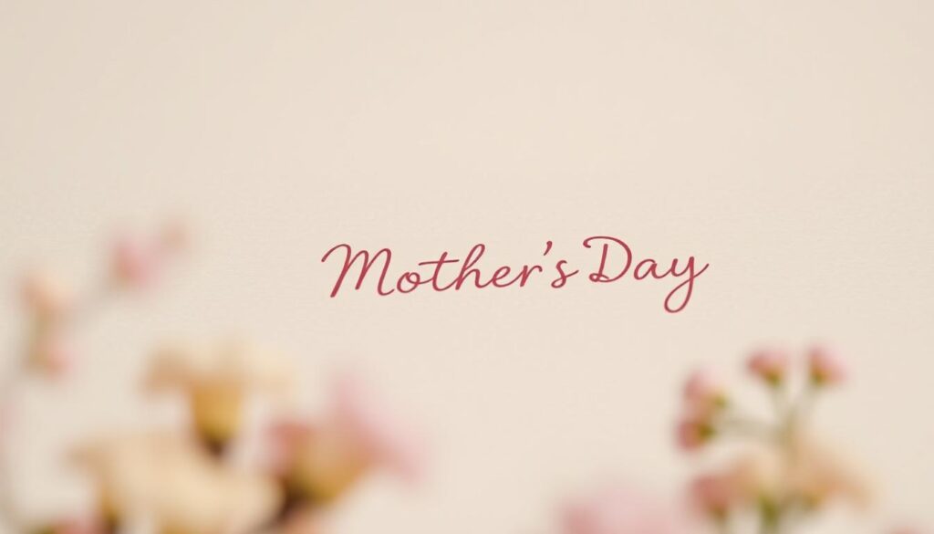 A warm, pastel-tinted Mother's Day card with a minimal, handwritten-style layout. The foreground features a delicate floral wreath or arrangement, with soft, blurred edges. In the middle ground, a brief, heartfelt message is elegantly calligraphed in a flowing cursive script, conveying gratitude and appreciation. The background is a subtly textured, off-white surface, evoking the tactile quality of artisanal stationery. Gentle, diffused lighting casts a soothing, intimate ambiance, with slight vignetting at the edges to draw the viewer's focus. Overall, the image radiates a sense of sincerity, simplicity, and the sentiment of honoring a beloved mother.