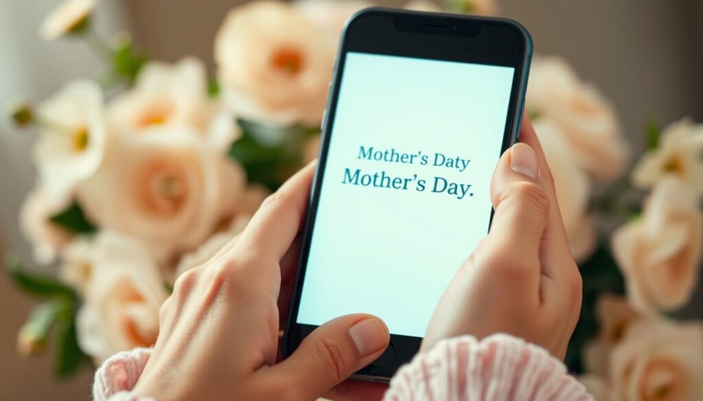 A warm, pastel-toned image of a mother's hands holding a smartphone, with the screen displaying a brief, heartfelt message for Mother's Day. The smartphone is set against a soft, blurred background of flowers or greenery, evoking a sense of love and care. The composition emphasizes the emotional connection between the message and the maternal figure, with the hands conveying a gentle, nurturing presence. The lighting is natural and diffused, creating a cozy, intimate atmosphere. The overall aesthetic is elegant and delicate, reflecting the sincere sentiments expressed in the short WhatsApp message.