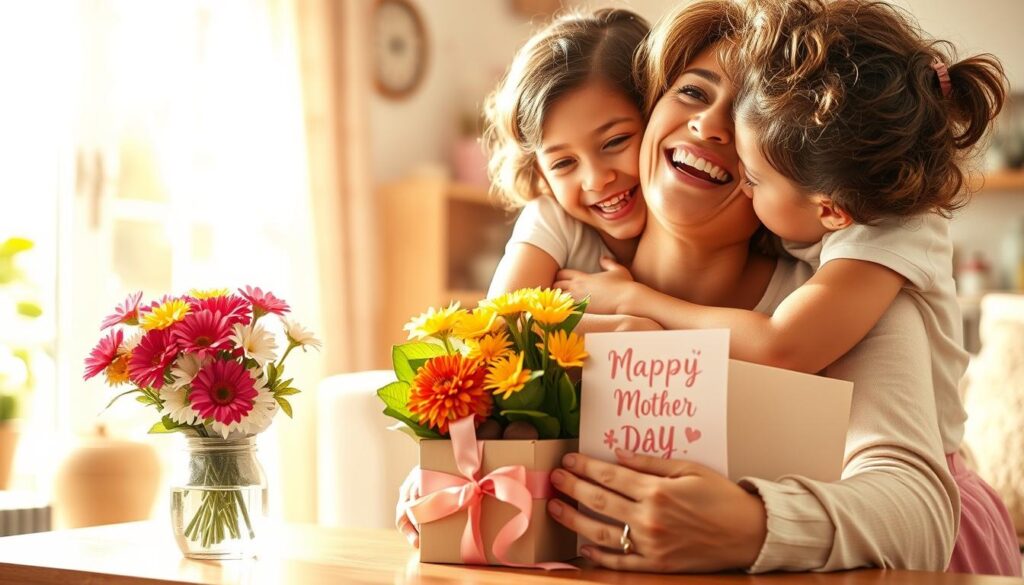A warm, radiant Mother's Day scene with a whimsical, humorous twist. In the foreground, a smiling mother figure lovingly embraces her children, their faces alight with joyful laughter. The middle ground features a playful, almost comical arrangement of classic Mother's Day gifts - a bouquet of vibrant flowers, a box of chocolates, and a heartfelt homemade card. The background depicts a cozy, sun-dappled domestic setting, perhaps a living room or kitchen, creating a sense of comfort and familial warmth. The lighting is soft and natural, gently illuminating the scene and evoking a mood of lighthearted celebration. The composition is balanced and visually harmonious, inviting the viewer to share in the humor and affection of this special day.
