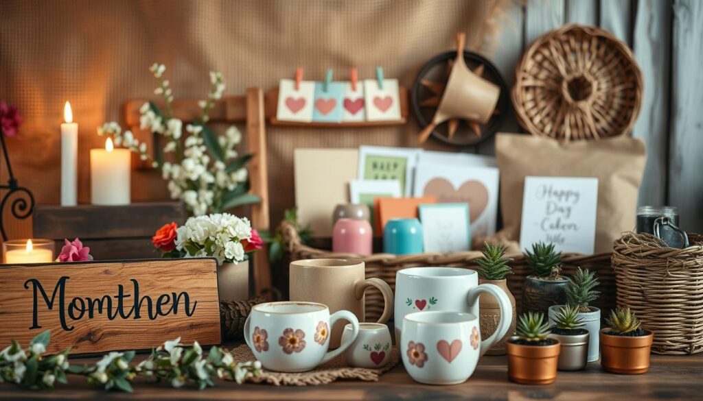 A warm, rustic scene featuring hand-crafted Mother's Day gift ideas. In the foreground, an arrangement of handmade decorative items such as wooden signs, scented candles, and simple floral arrangements. The middle ground showcases a variety of DIY projects - colorful ceramic mugs, personalized greeting cards, and small potted plants. The background has a cozy, domestic atmosphere with natural textures like burlap, wicker, and exposed wood. Soft, diffused lighting casts a gentle glow, creating an intimate, homespun ambiance. The overall composition evokes a heartfelt, artisanal celebration of motherhood.