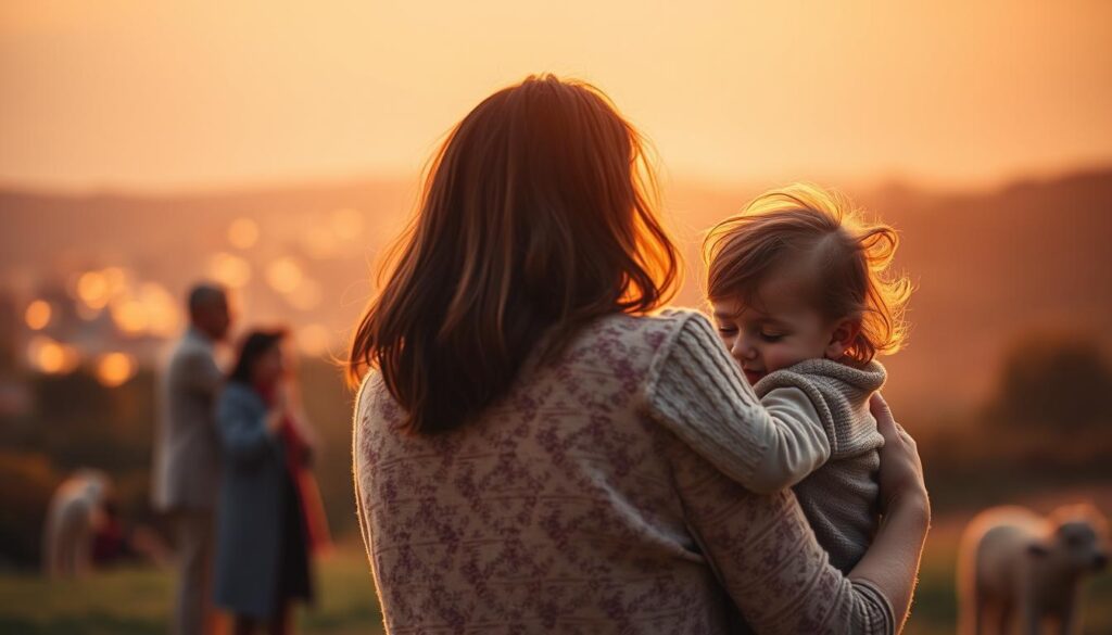 A warm, serene scene depicting the role of a mother in society. In the foreground, a caring mother embraces her young child, their bond radiating love and nurturing. The middle ground showcases the mother engaging with her community, whether teaching, volunteering, or simply being a positive role model. In the background, a softly lit cityscape or pastoral landscape symbolizes the mother's influence extending beyond the home, shaping the world around her. Warm, diffused lighting casts a golden glow, conveying the mother's importance and the reverence society holds for her. The composition is balanced, with the mother and child at the center, surrounded by the wider impact she has on her environment.