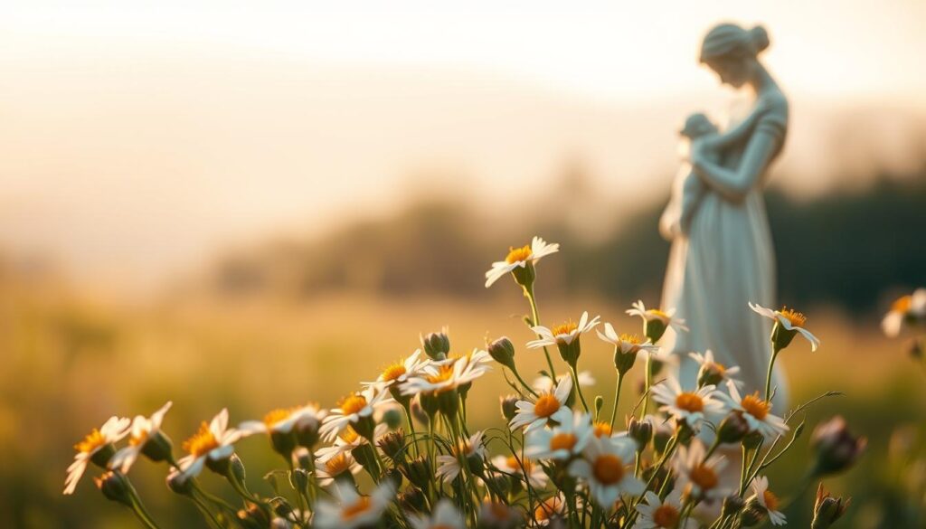 A warm, soft-focused scene capturing the heart of Mother's Day. In the foreground, a bouquet of freshly picked wildflowers, their petals gently illuminated by a natural, golden light. In the middle ground, a delicate porcelain figurine of a mother cradling her child, exuding a timeless tenderness. The background fades into a hazy, dreamlike landscape, suggesting the universal, cherished role of motherhood. The overall mood is one of reverence, intimacy, and the profound appreciation for the selfless love that mothers provide. Subtle, muted colors and a slightly vintage aesthetic evoke a sense of timeless tradition and heartfelt sentiment.