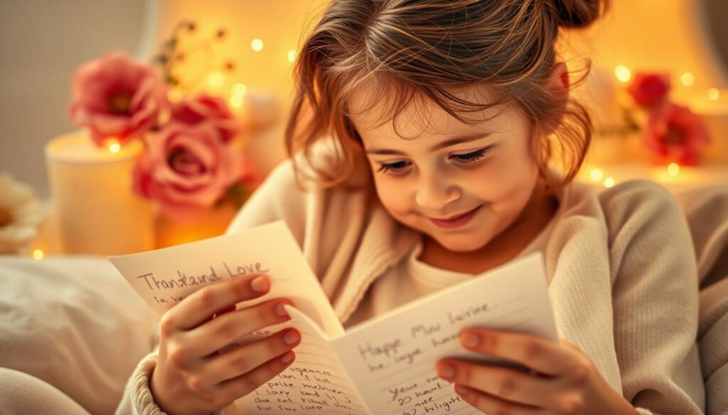 A warm, soft-lit scene of a mother and child embracing, with heartfelt handwritten notes and drawings scattered around them. The mother's face is gently illuminated, her eyes filled with love as she reads the personal messages. Delicate floral arrangements adorn the background, creating a serene, intimate atmosphere. The child's innocent expression radiates joy and gratitude, capturing the cherished bond between parent and child. The composition emphasizes the tenderness and appreciation of this special moment, perfectly reflecting the theme of "Persönliche Botschaften für Mama".