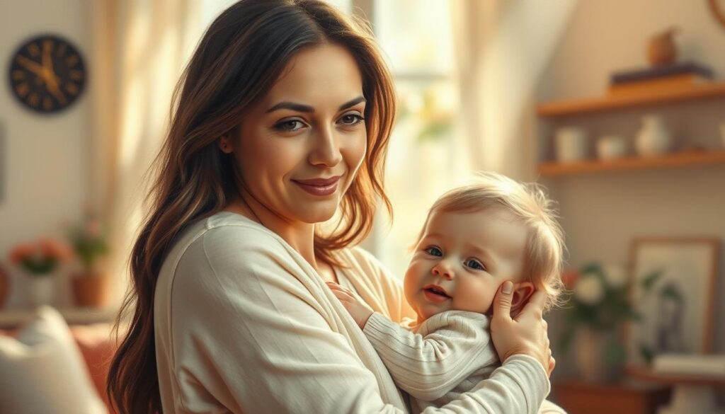 A warm, softly-lit oil painting of a mother and child, their bond palpable, set against a blurred, impressionistic backdrop of a comfortable, nurturing home. The mother's gentle gaze and protective embrace convey the profound influence she has on her child's life, guiding them with wisdom, unconditional love, and unwavering support. Shafts of sunlight stream through a window, lending an ethereal, serene quality to the scene. The composition emphasizes the central figures, drawing the viewer's eye to the profound connection between them, a testament to the enduring impact of a mother's presence.