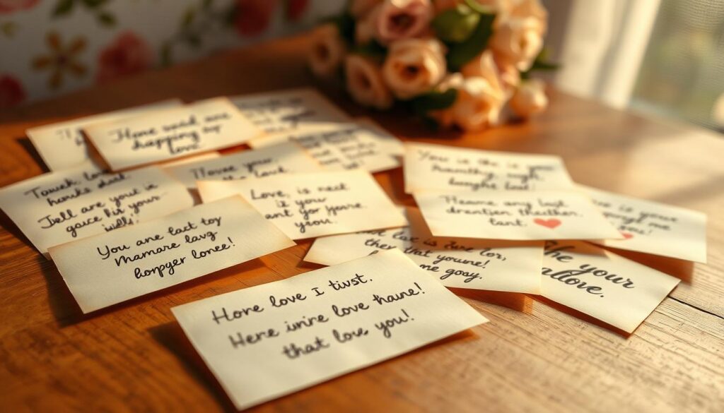 A warm, softly lit scene depicting a collection of heartfelt, handwritten messages on delicate paper, scattered across a wooden surface. The messages convey a range of emotions - love, gratitude, longing - in an elegant, calligraphic style. The background features a subtle, blurred floral pattern, hinting at the occasion's significance. Lighting is gentle, creating a sense of intimacy and thoughtfulness. The camera angle is slightly angled, drawing the viewer in to examine the personal, emotive expressions. An overall atmosphere of sincere, sentimental connection permeates the image.