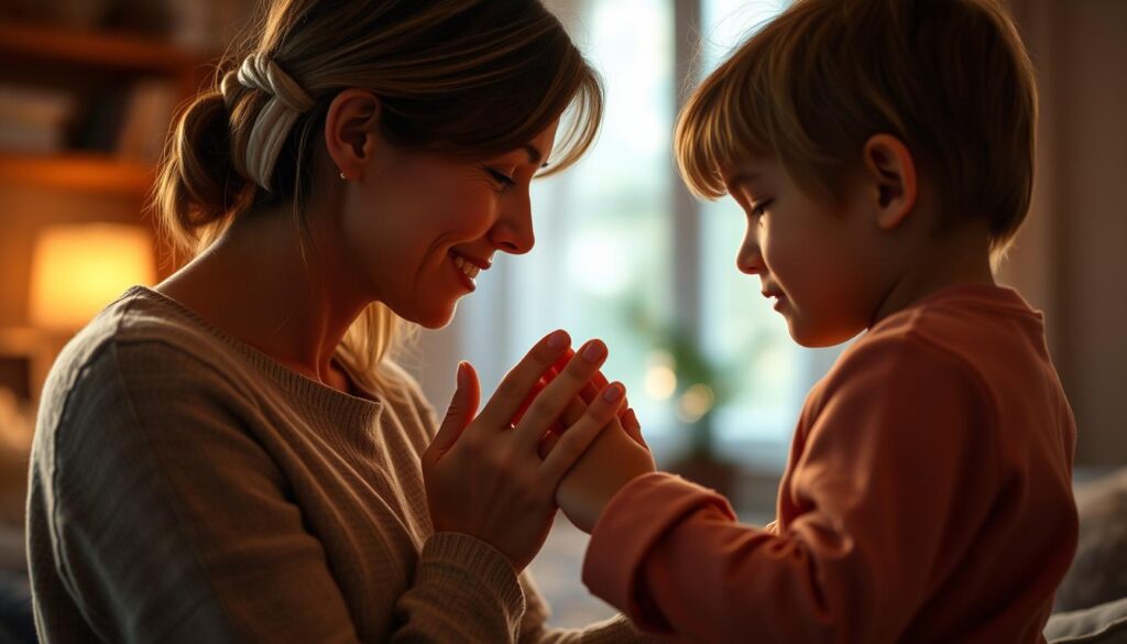 A warm, softly lit scene depicting a mother and child exchanging heartfelt words. In the foreground, the mother's hands embrace the child tenderly, their faces close and expressions serene. The middle ground features a cozy, home-like interior with muted, earthy tones, hinting at the intimate, familiar setting. In the background, a subtle, blurred bokeh effect creates a sense of depth and intimacy. The overall mood is one of deep connection, understanding, and the power of simple, yet profound, communication.