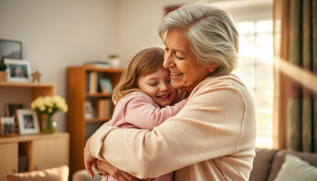 A warm, softly-lit scene of a grandmother and granddaughter embracing in a cozy living room. The grandmother's face is filled with love and tenderness as she holds the child close. In the background, a bookshelf with family photos and a vase of fresh flowers adds a sense of domesticity. Rays of golden afternoon light stream through a nearby window, casting a gentle glow over the touching moment. The atmosphere conveys the deep, cherished bond between generations and the importance of honoring and celebrating motherhood in all its forms.