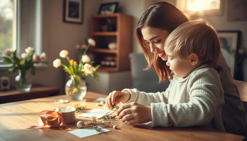 A warm, softly-lit scene of a mother and child creating thoughtful, handmade Mother's Day gifts. In the foreground, the child's small hands carefully arrange cut paper, ribbons, and botanical elements on a wooden table, a look of concentration on their face. The mother leans in, guiding and encouraging their child's creative gestures with a gentle smile. Soft natural light filters in through a nearby window, casting a serene, intimate atmosphere. In the background, a vase of fresh flowers and a framed family photograph suggest a cozy, loving home environment. The overall mood conveys the sincere joy and appreciation of the mother-child bond on this special day.