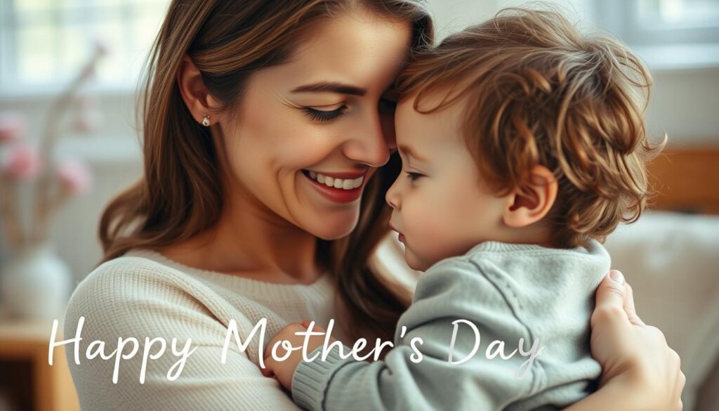 A warm, softly lit scene of a mother and child in an intimate embrace, conveying the deep emotional connection and appreciation shared on Mother's Day. The mother's expression radiates pure love and tenderness as she holds her child close, their faces almost touching. The background is blurred, placing the focus solely on this tender moment. Soft, muted colors create a serene, heartfelt atmosphere, while natural lighting gently illuminates the pair, highlighting the emotional intimacy of the scene.