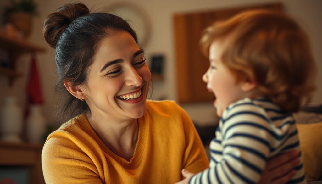 A warm, softly-lit scene of a mother and child playfully interacting with a whimsical, humorous expression. In the foreground, the mother's face is alight with a genuine, joyful smile as she tickles or gently teases her child, who responds with a delighted, infectious laugh. The middle ground showcases a cozy, comfortable domestic setting, with subtle hints of everyday household items that add to the intimate, relatable atmosphere. The background is subtly blurred, keeping the focus on the tender, humorous mother-child dynamic. The overall mood is one of lighthearted, authentic connection, capturing the uplifting role of humor in the joys and challenges of motherhood.
