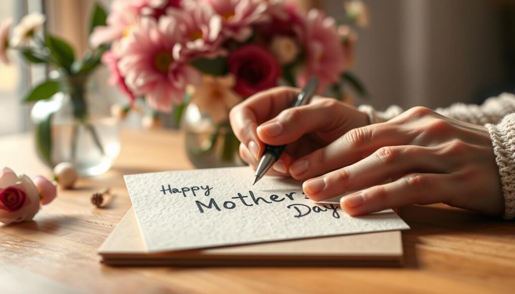 A warm, softly lit scene of a person's hands thoughtfully writing heartfelt Mother's Day sentiments on a delicate, cream-colored card. The card's surface is textured, allowing the pen's ink to flow gracefully across the page. In the background, a vase of fresh flowers casts a gentle glow, creating a serene, inspirational atmosphere. The composition is balanced, with the hands in the foreground and the floral elements receding into the background, guiding the viewer's focus to the act of crafting a meaningful message. The overall mood is one of care, creativity, and genuine emotion.