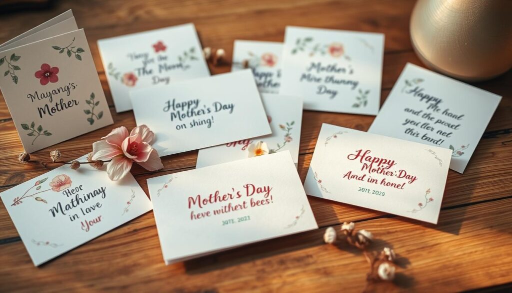 A warm, softly-lit scene of a variety of beautifully designed Mother's Day cards, each showcasing a heartfelt and thoughtful handwritten message. The cards are arranged on a wooden surface, with delicate floral accents and a subtle, soothing color palette. The composition highlights the craftsmanship and personal touch of the cards, evoking feelings of love, appreciation, and cherished memories. The lighting casts a gentle, ethereal glow, creating a serene and intimate atmosphere. The focus is on the cards themselves, allowing the viewer to fully appreciate the thoughtfulness and care that has gone into their creation.