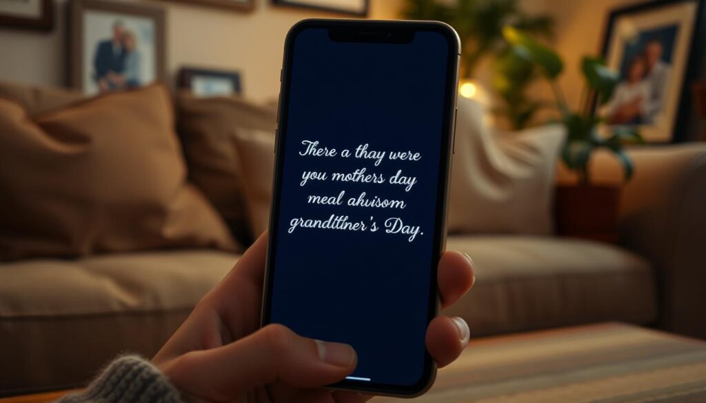 A warm, softly lit scene of a well-used smartphone displaying a heartfelt WhatsApp message for a grandmother on Mother's Day. The screen is the focal point, illuminated against a blurred background of cozy home furnishings - a plush couch, potted plants, and a glimpse of framed family photos. The message conveys affection and gratitude, written in an elegant cursive font that evokes a personal, handwritten touch. The overall atmosphere is one of intimacy, comfort, and the meaningful connection between generations.