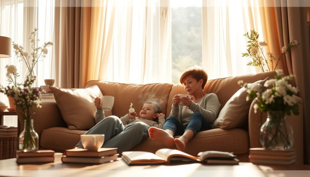 A warm, sun-dappled afternoon in a cozy living room. A mother and child sit together on a plush couch, engaged in a heartfelt conversation. The mother's gentle gaze and the child's attentive expression convey a deep bond, as they sip from steaming mugs of tea. Soft natural light filters through sheer curtains, casting a serene, golden glow. Vases of fresh flowers and scattered books add a touch of homely charm, while the neutral tones of the furniture and decor create a calming, harmonious atmosphere. The scene radiates a sense of togetherness, quality time, and the cherished moments that linger in the heart.