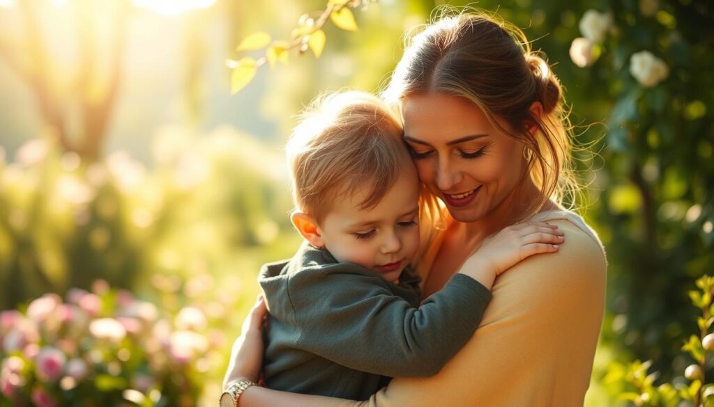 A warm, sun-dappled scene of a mother and child embracing in a lush, verdant garden. The mother's gentle, affectionate gaze is directed toward her child, whose head rests contentedly on her shoulder. Soft, diffused lighting casts a serene, glowing aura around the pair, evoking a sense of tenderness and daily appreciation. In the background, a blurred, idyllic landscape of blooming flowers and swaying trees creates a peaceful, tranquil atmosphere. The overall composition conveys the profound, unwavering love and gratitude that a mother's nurturing presence inspires every day.